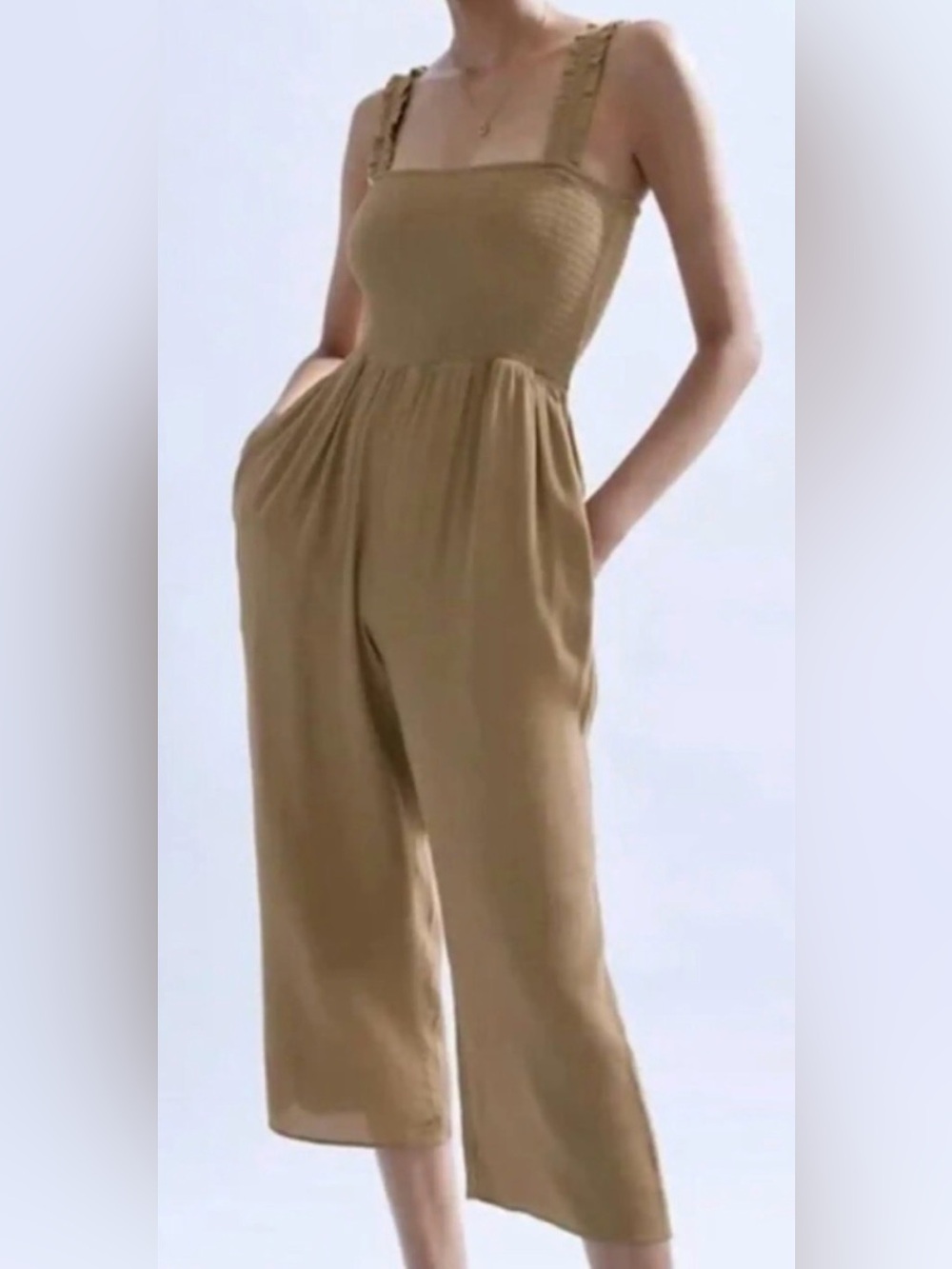 Aritzia Wilfred Chianti smocked jumpsuit pockets stretch cottagecore L